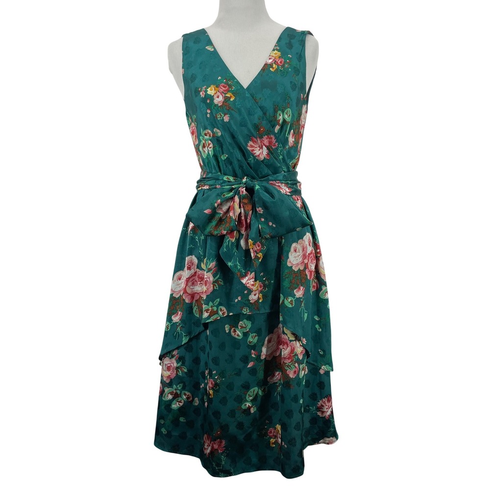 Walter Baker Size 2 Floral Jacquard Midi Dress Teal Green Tiered High Low V-Neck